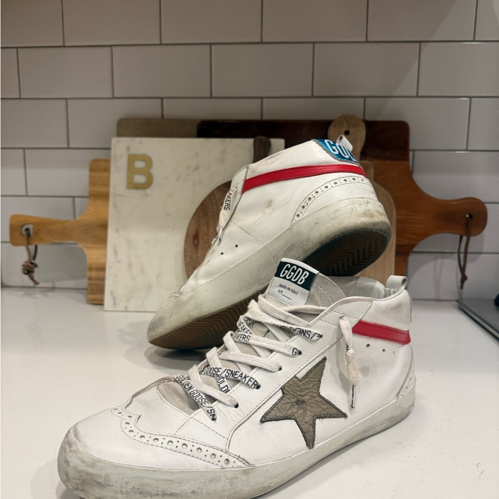 Golden Goose White and Red Sneakers with Brown Star